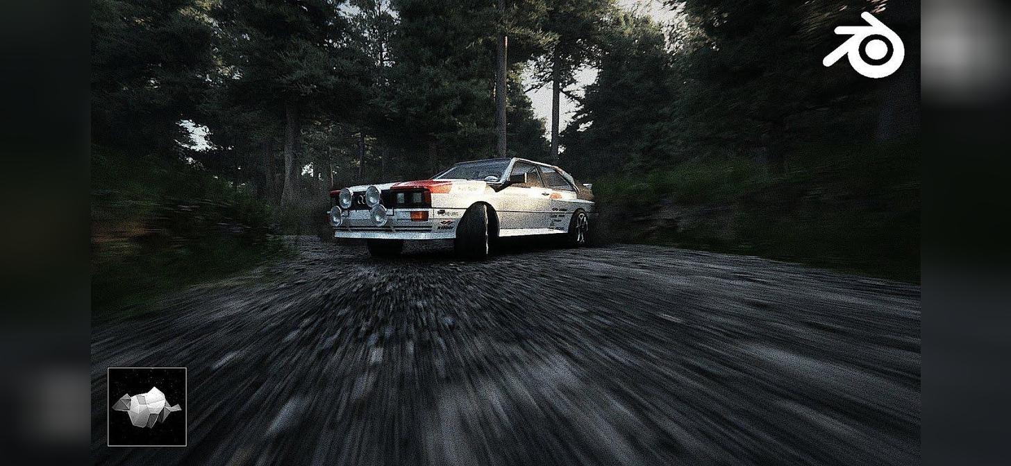 Rally car driving on a forest dirt road, rendered in 3D with Blender.