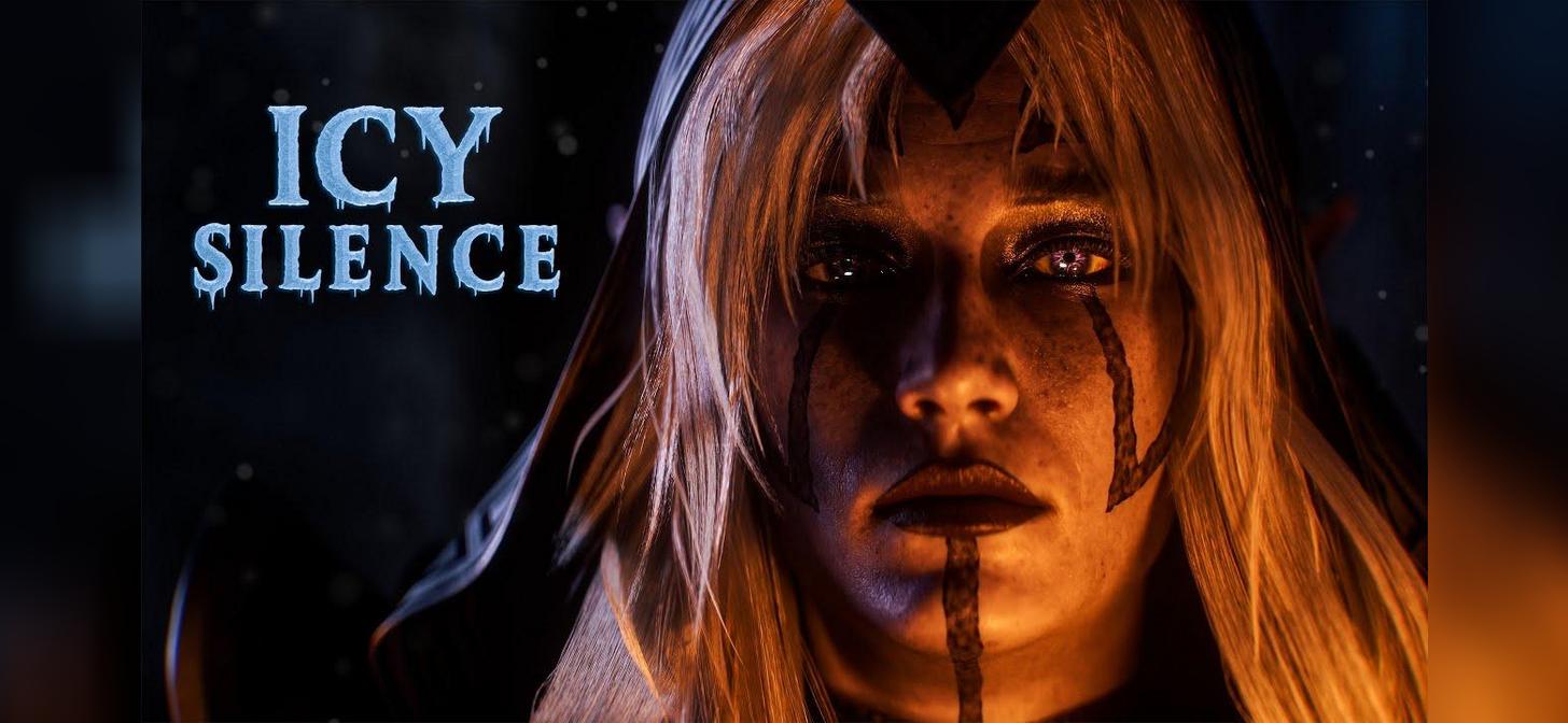 Close-up of a stylized character with blonde hair and dark makeup, holding a weapon. Text "ICY SILENCE" is visible.