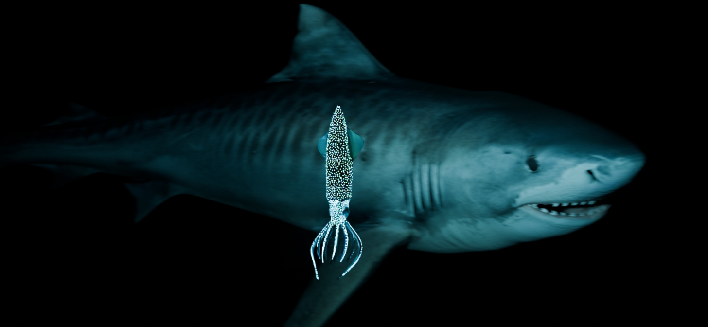 A stylized 3D rendering of a shark with a glowing squid-like creature in its mouth, set against a dark background.