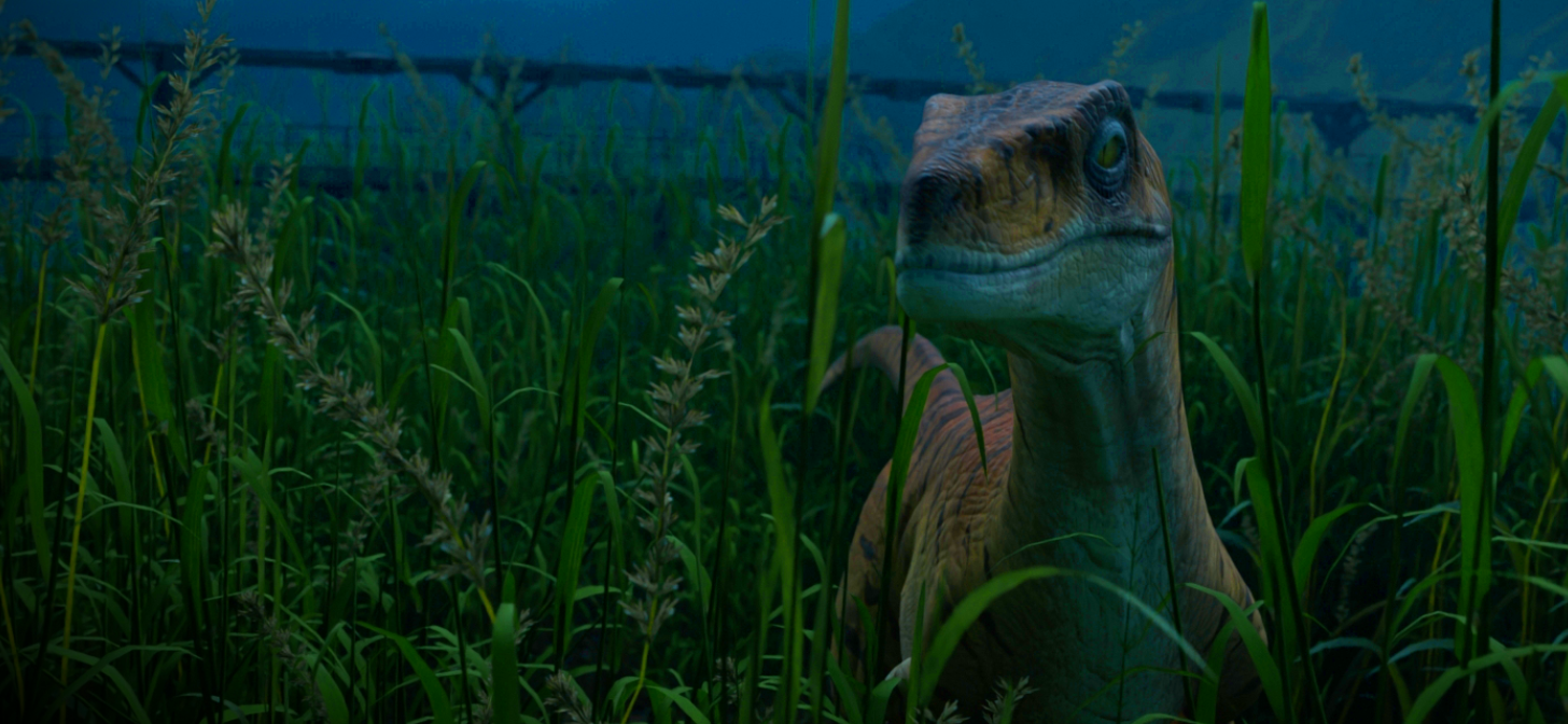 A stylized 3D dinosaur with detailed textures peeks through tall, lush green vegetation in a prehistoric scene.