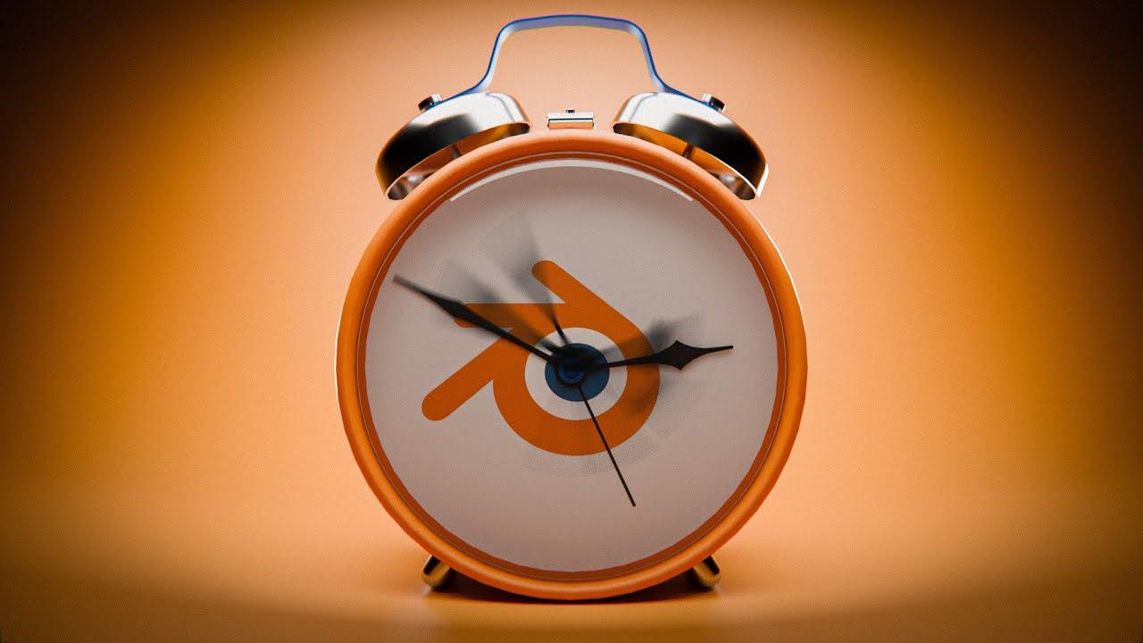 An orange alarm clock with a minimalist design, featuring black hands and a blue handle, set against a gradient orange background.