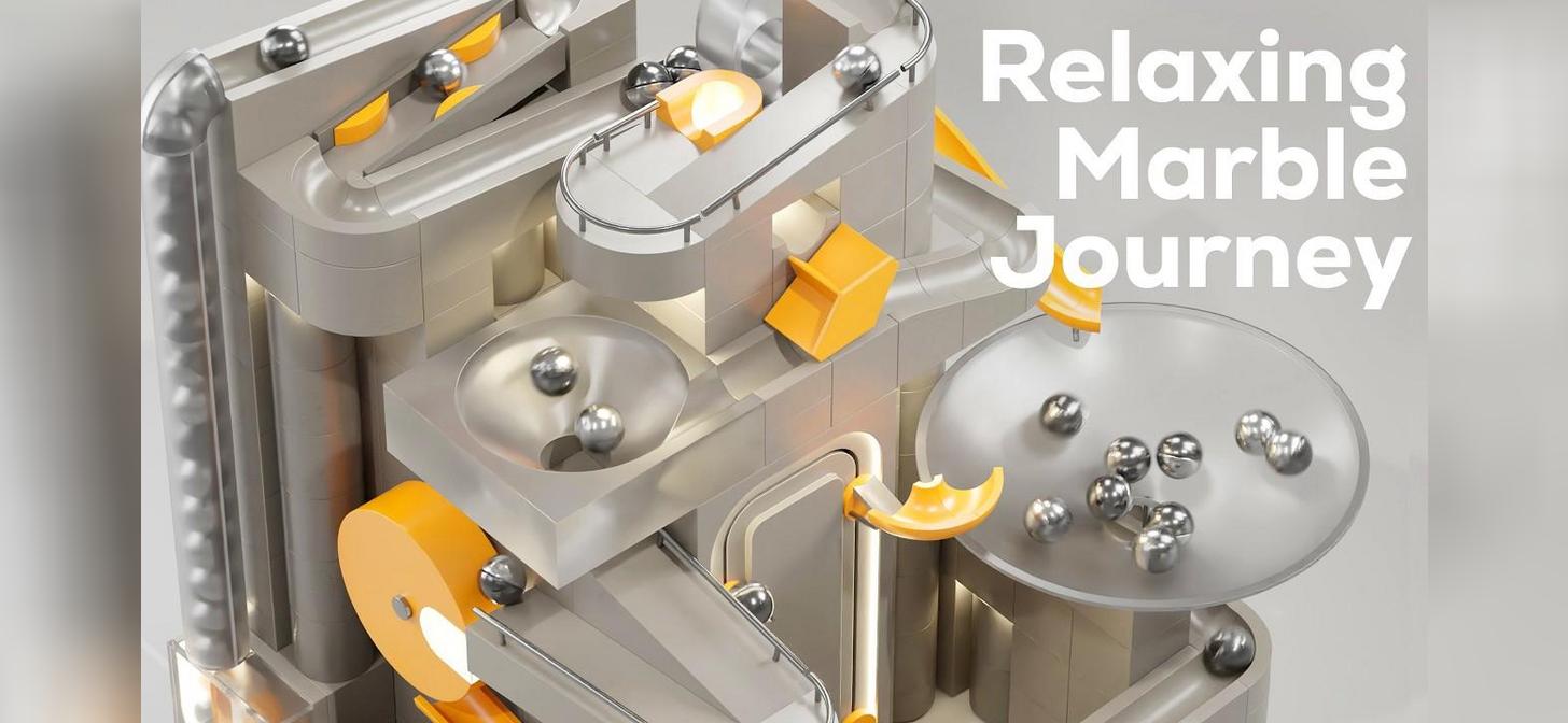 Complex marble run with multiple tracks and balls, rendered in a stylized, 3D design.