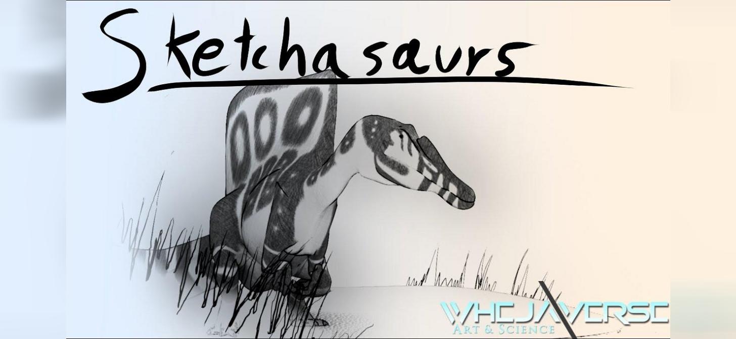 Sketch of a dinosaur with the word "Sketchasaurs" above it, drawn in a sketchy style.
