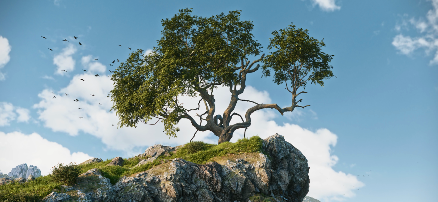 A solitary tree stands on a rocky hill, with birds flying around it against a blue sky.