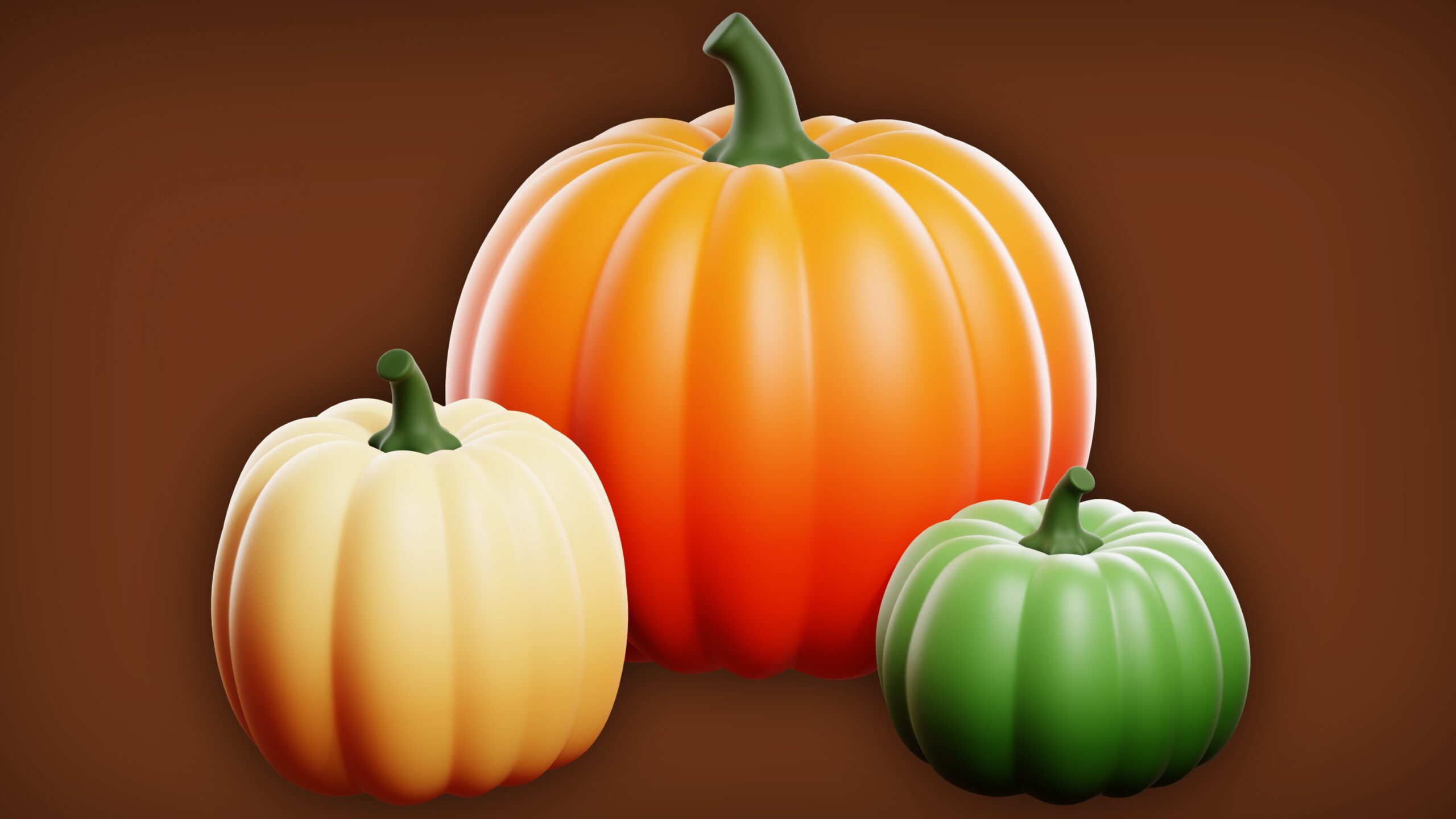 Three stylized pumpkins in orange, white, and green colors arranged together on a brown background.