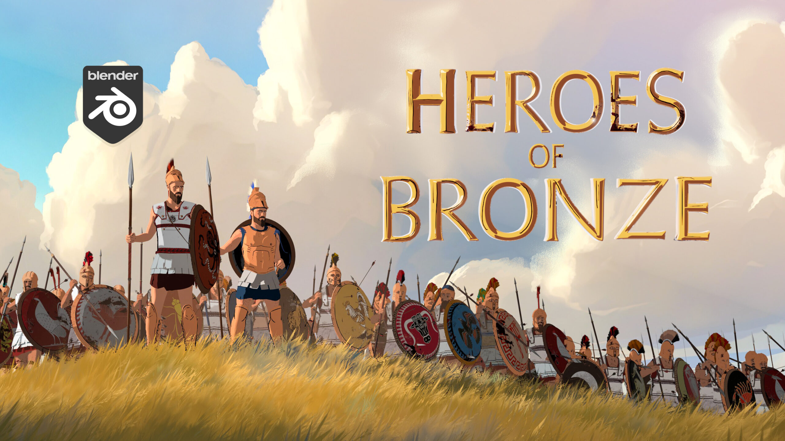 An image of stylized ancient warriors in a Blender 3D rendering, titled "Heroes of Bronze."