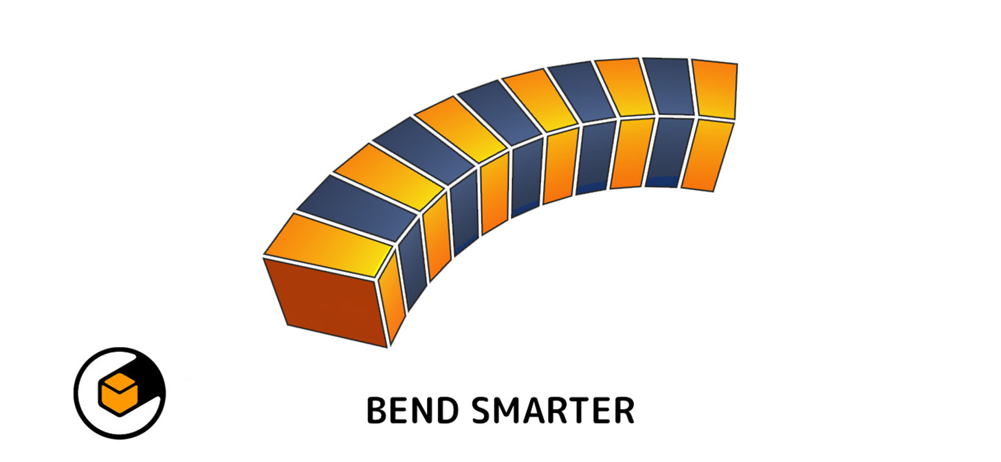 A colorful, segmented, curved structure with the text "BEND SMARTER" and a logo, likely from Blender 3D software.