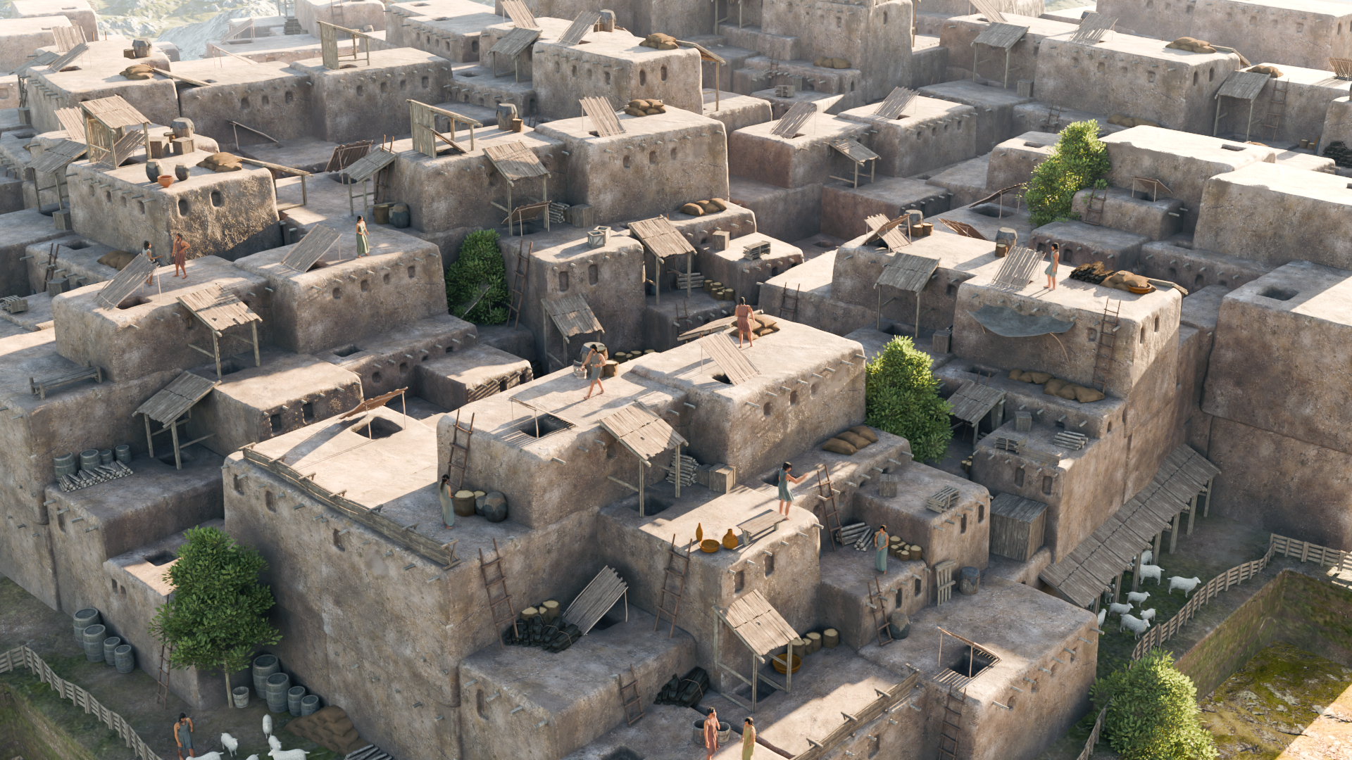 Aerial view of a detailed, ancient village with adobe buildings, people, and trees.