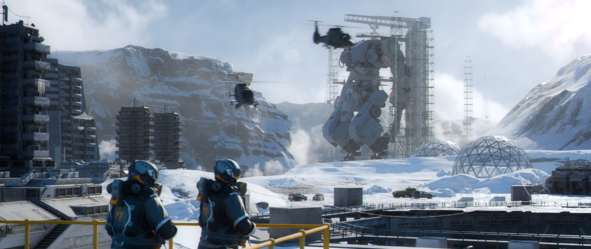 Snowy industrial scene with two robotic figures in foreground, large mech, buildings, and mountains in background.
