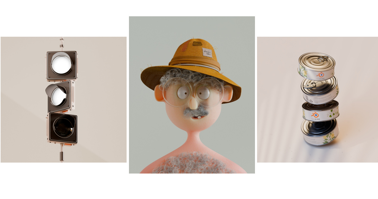 Three distinct images: vintage camera, stylized 3D character with hat, stacked cans.