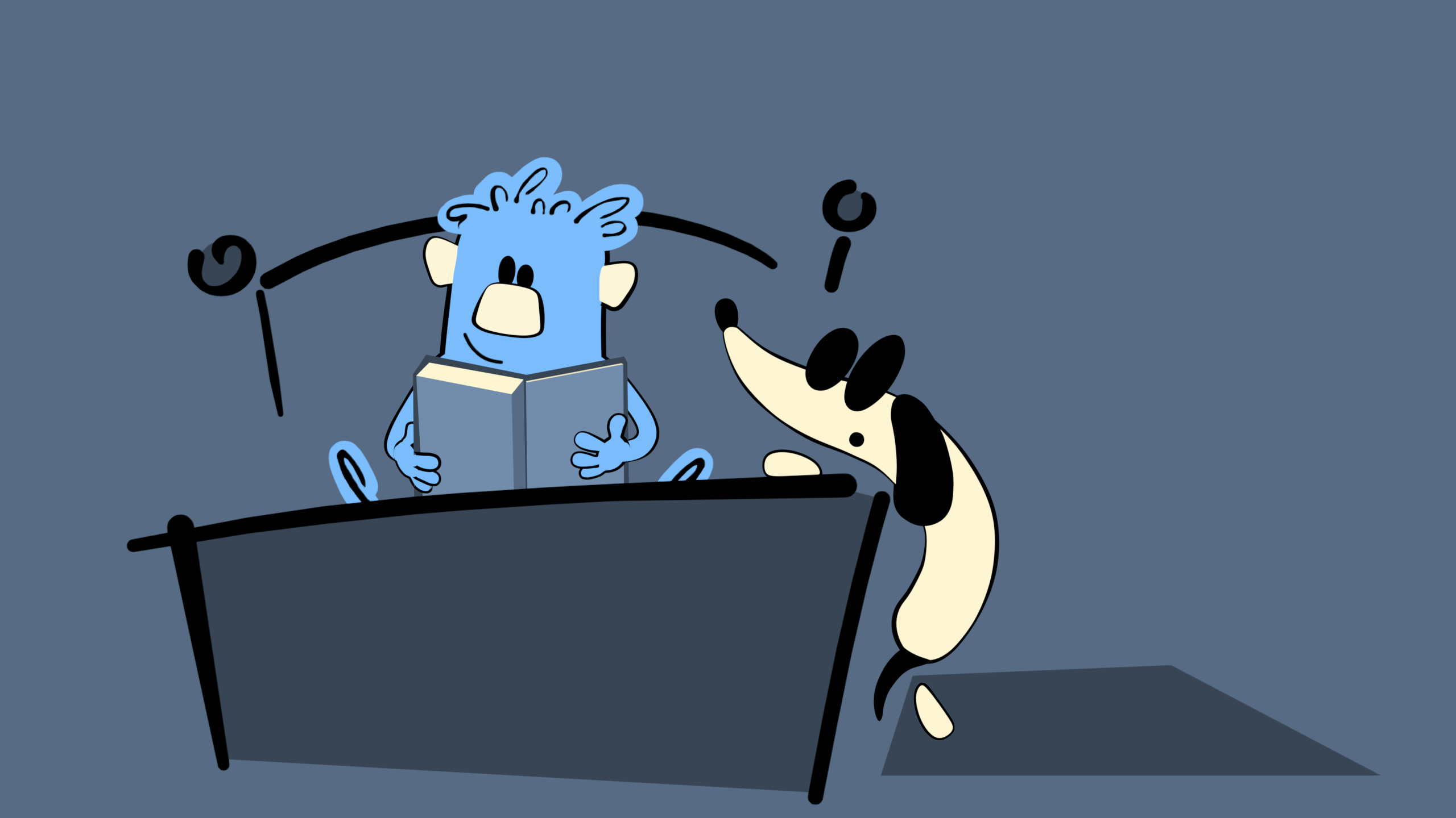 Blue cartoon character reading to a dog in a boat.