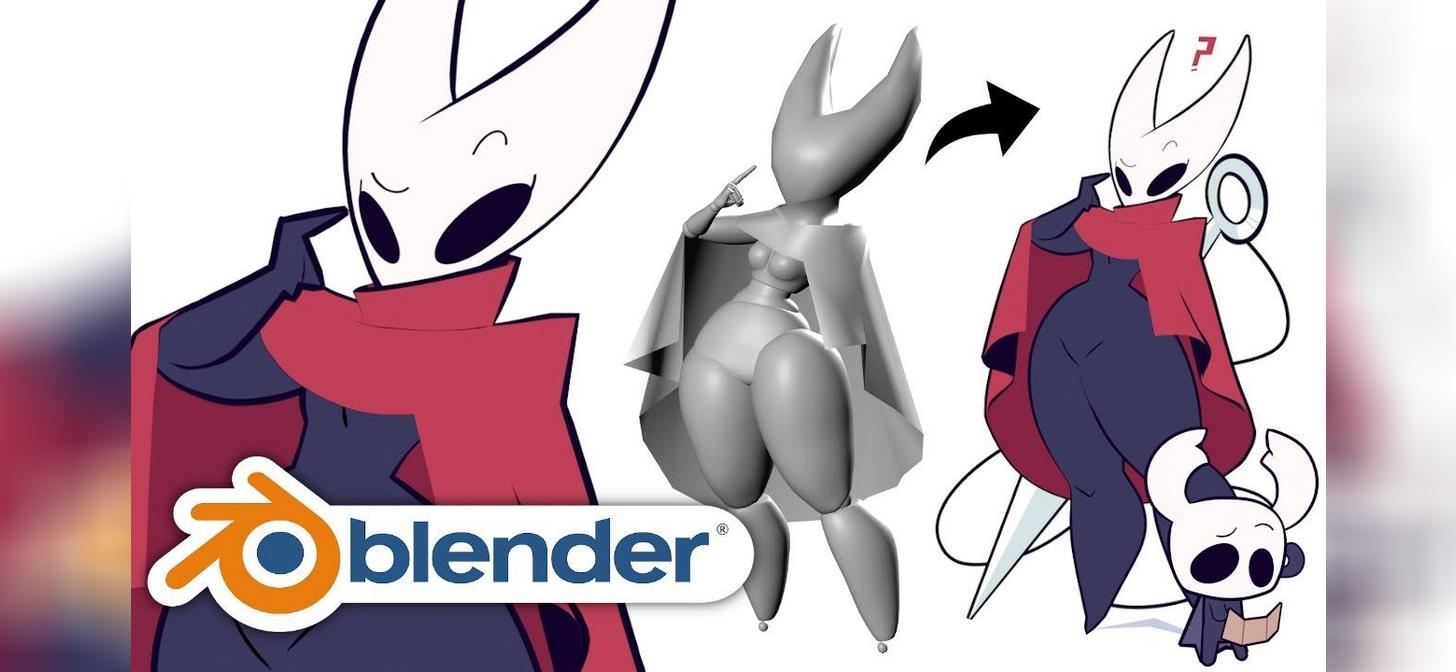 Character design progression using Blender: sketch, 3D model, and final illustration.