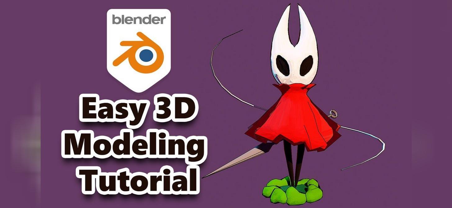 Blender logo, stylized 3D character with red dress, sword, and text "Easy 3D Modeling Tutorial."