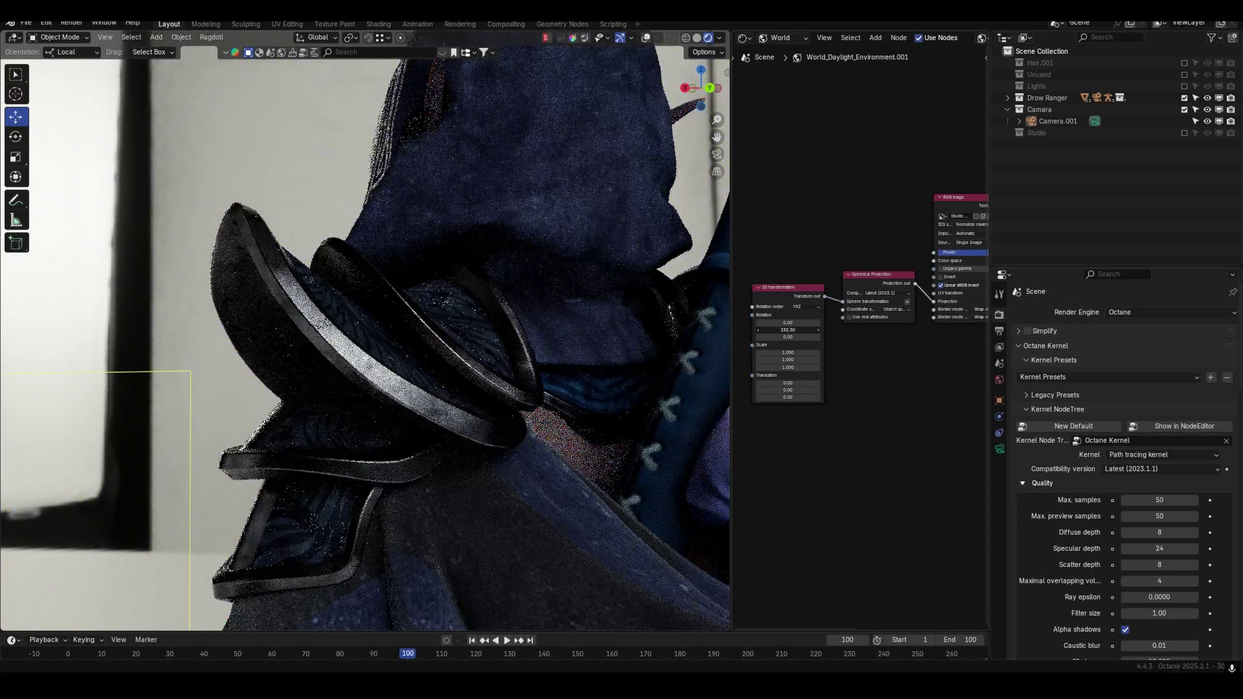 A screenshot of Blender's interface displaying a 3D model of a stylized helmet with intricate textures and details.