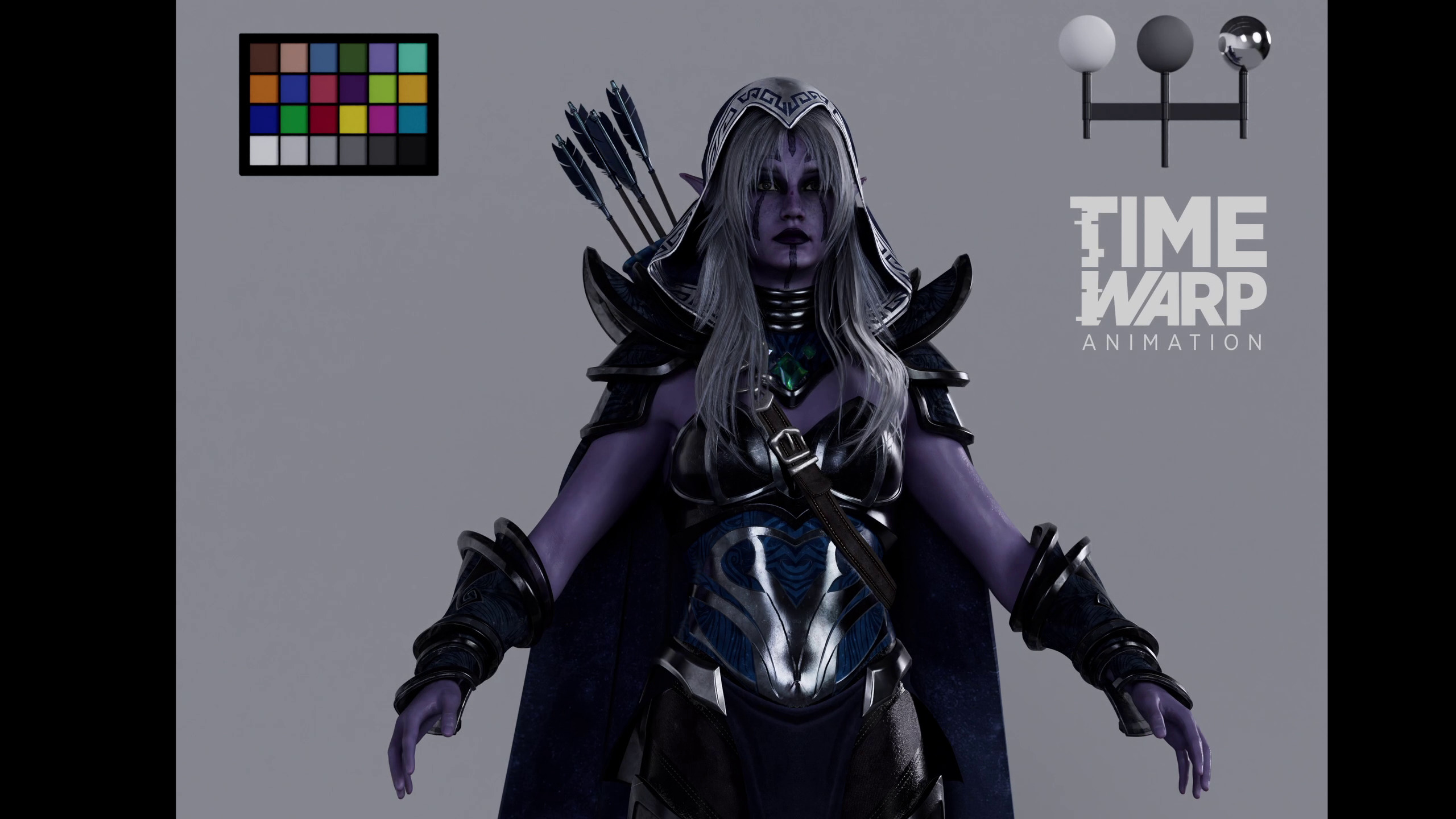 3D render of a fantasy warrior woman in armor, holding a bow and arrows, with a color palette and lighting setup in the background.