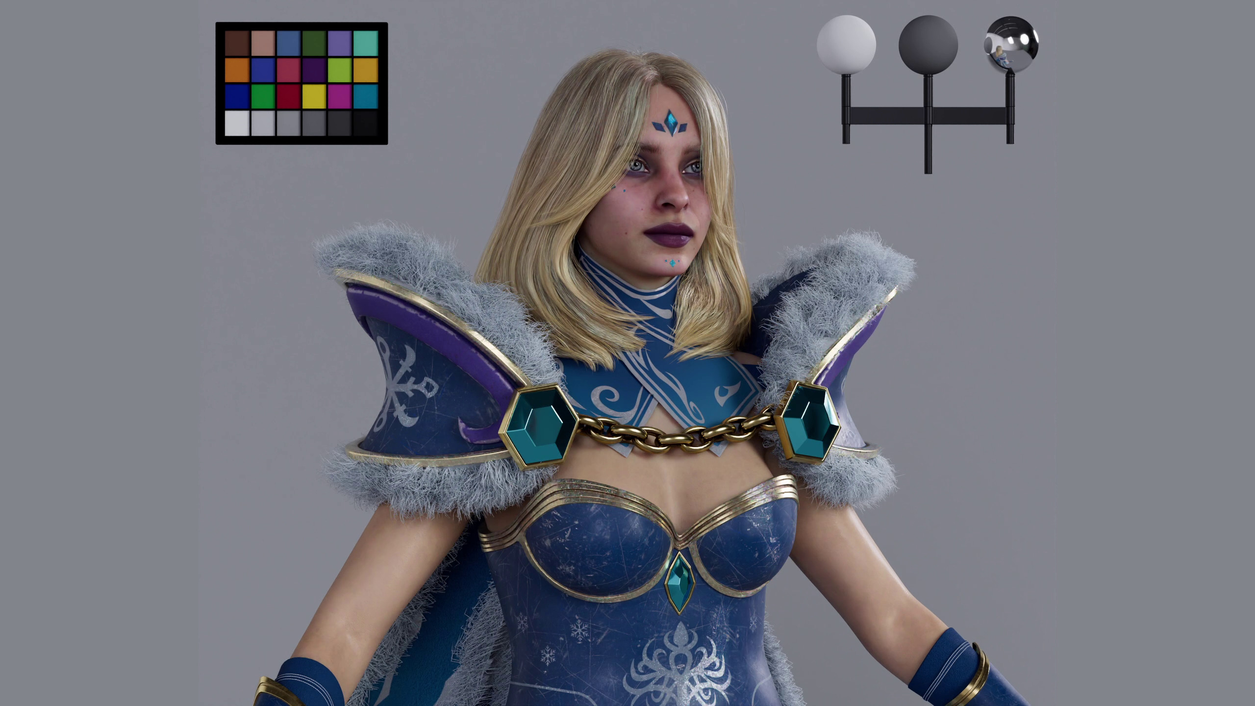 A 3D-rendered character in fantasy armor with blue and purple accents, featuring intricate designs and fur trimmings, posed confidently.
