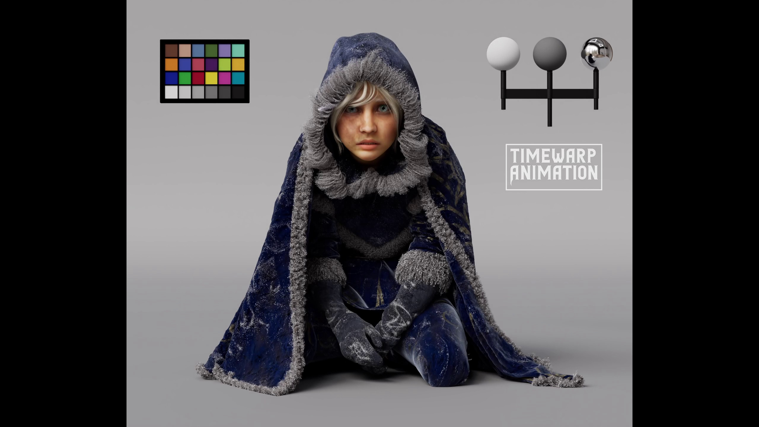 3D rendering of a hooded figure in blue and gray attire, sitting with a serious expression. Includes color chart and lighting setup in the corners.