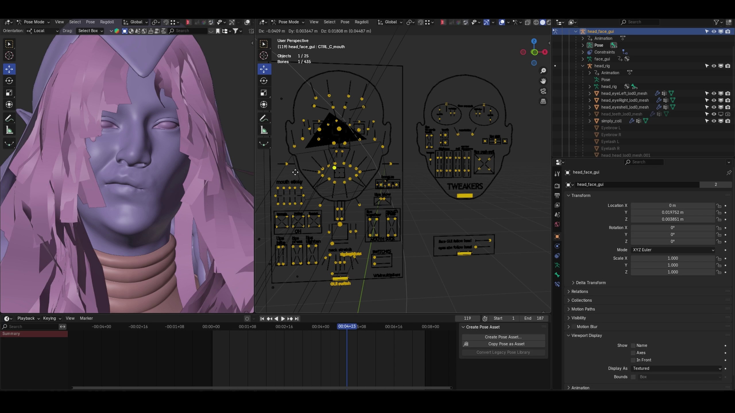 A 3D model of a stylized face with purple hair in Blender software interface.