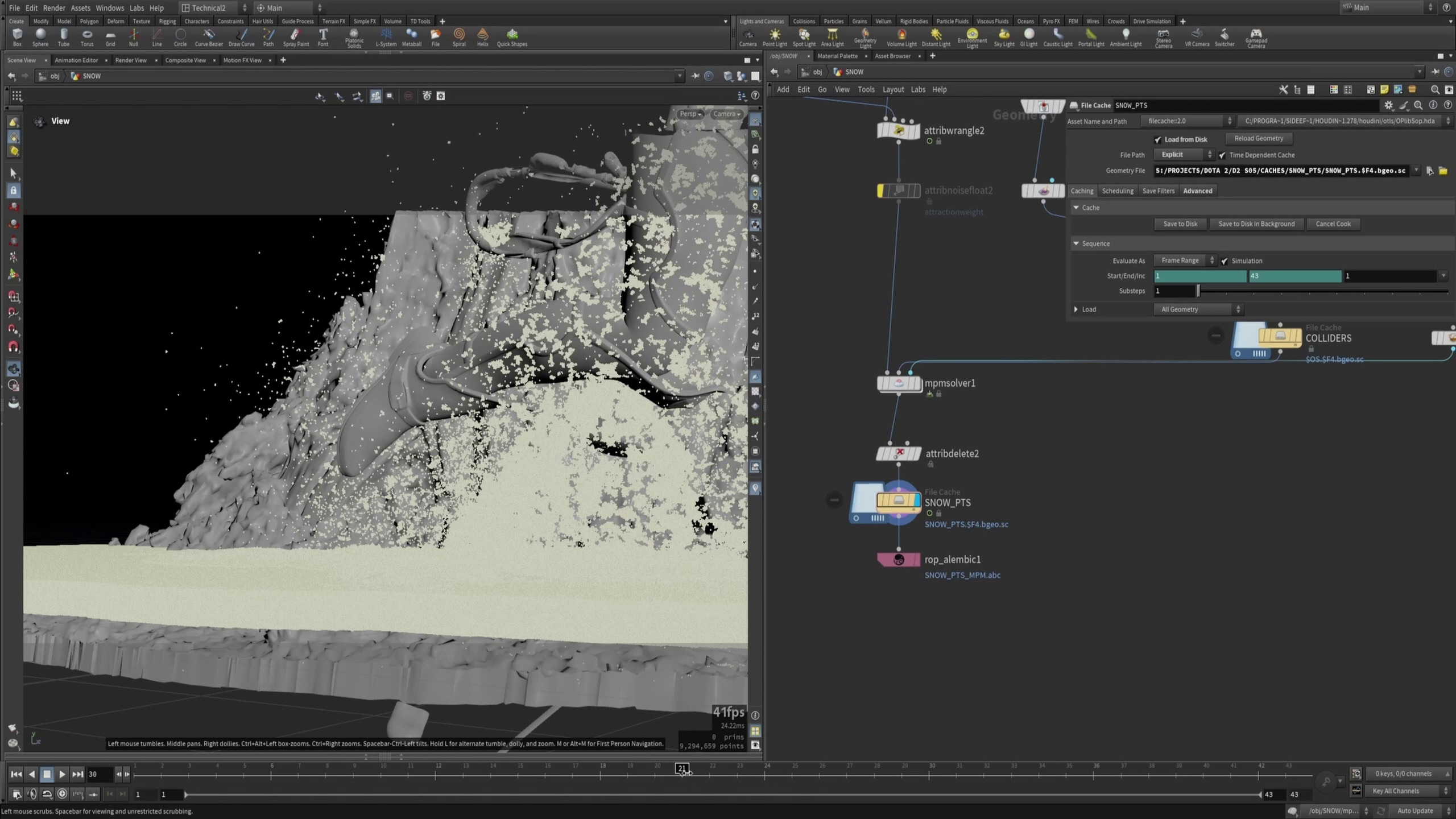 A 3D modeling interface displaying a snowy mountain landscape in Blender, with various textures and shaders applied.