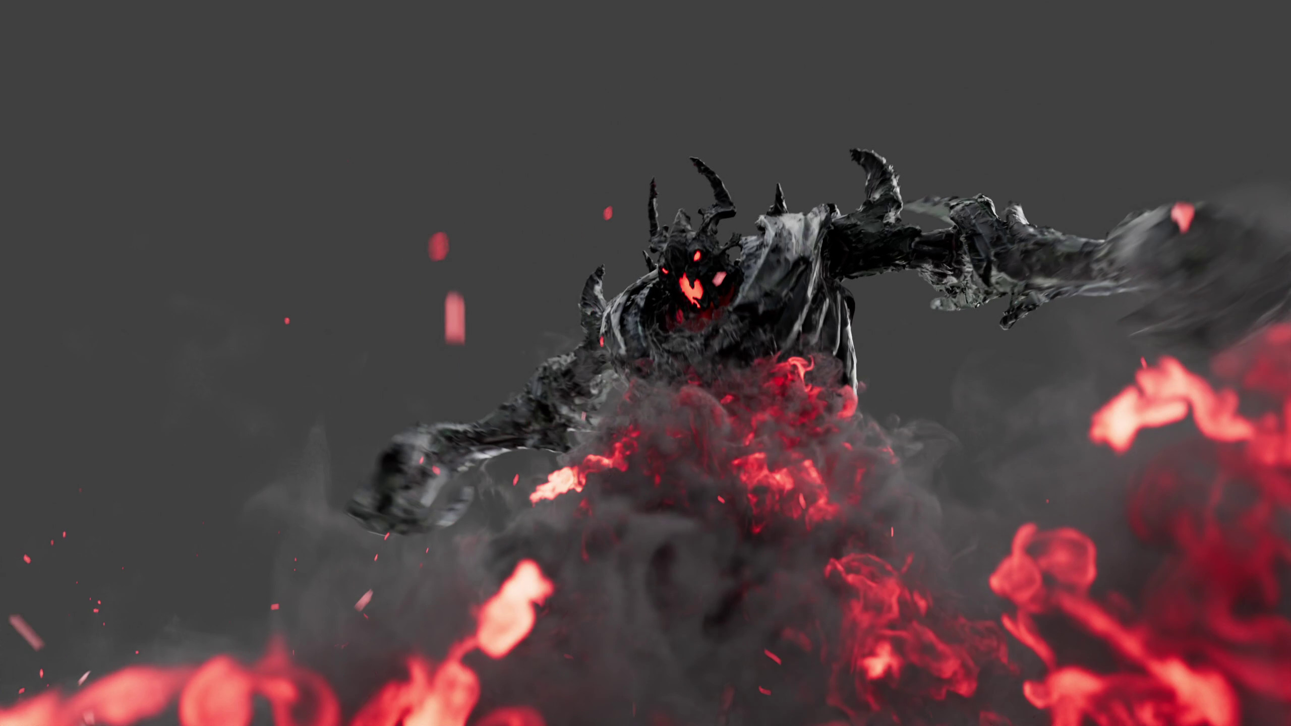 Dark fantasy creature with red eyes and horns, surrounded by red and black smoke.