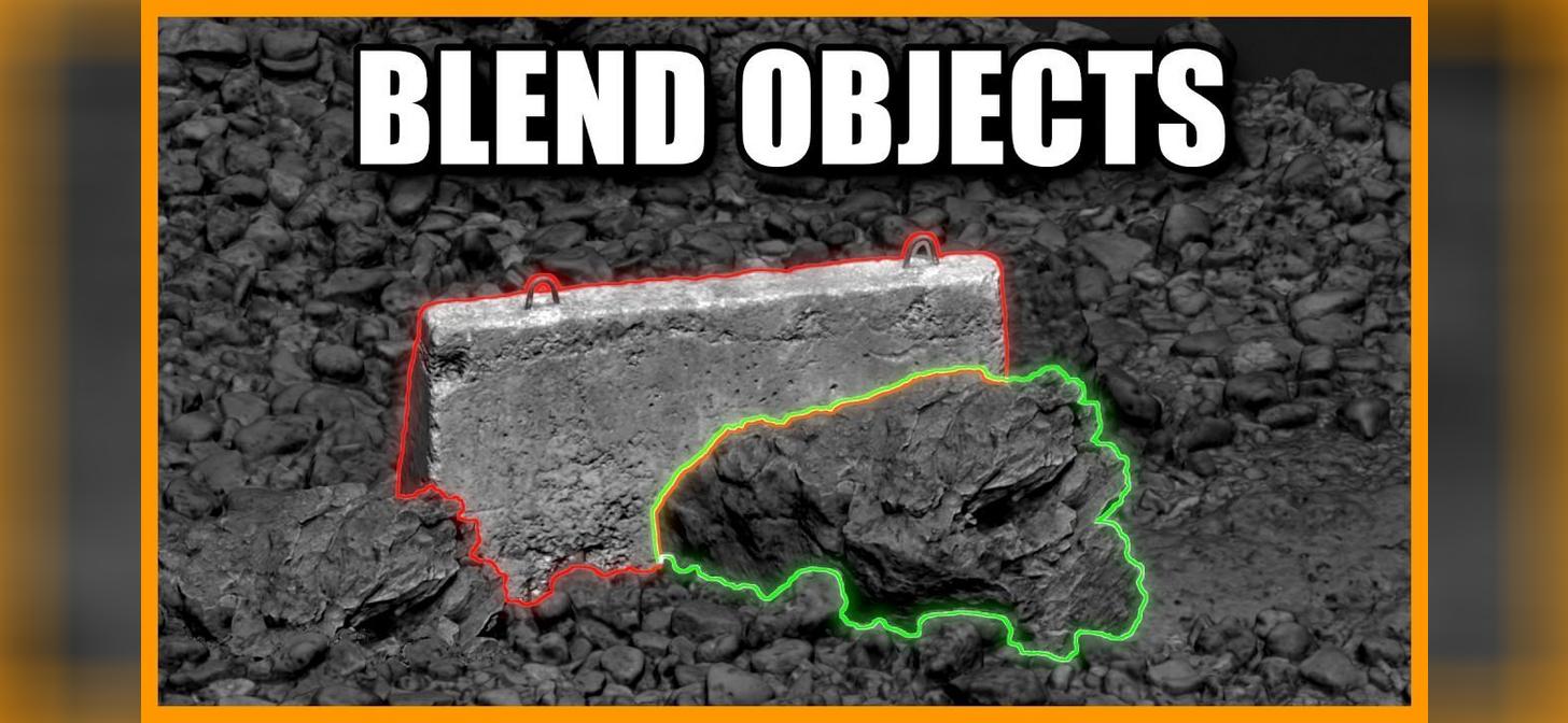 Rocky terrain with two highlighted objects: a rectangular block outlined in red and an irregularly shaped rock outlined in green.